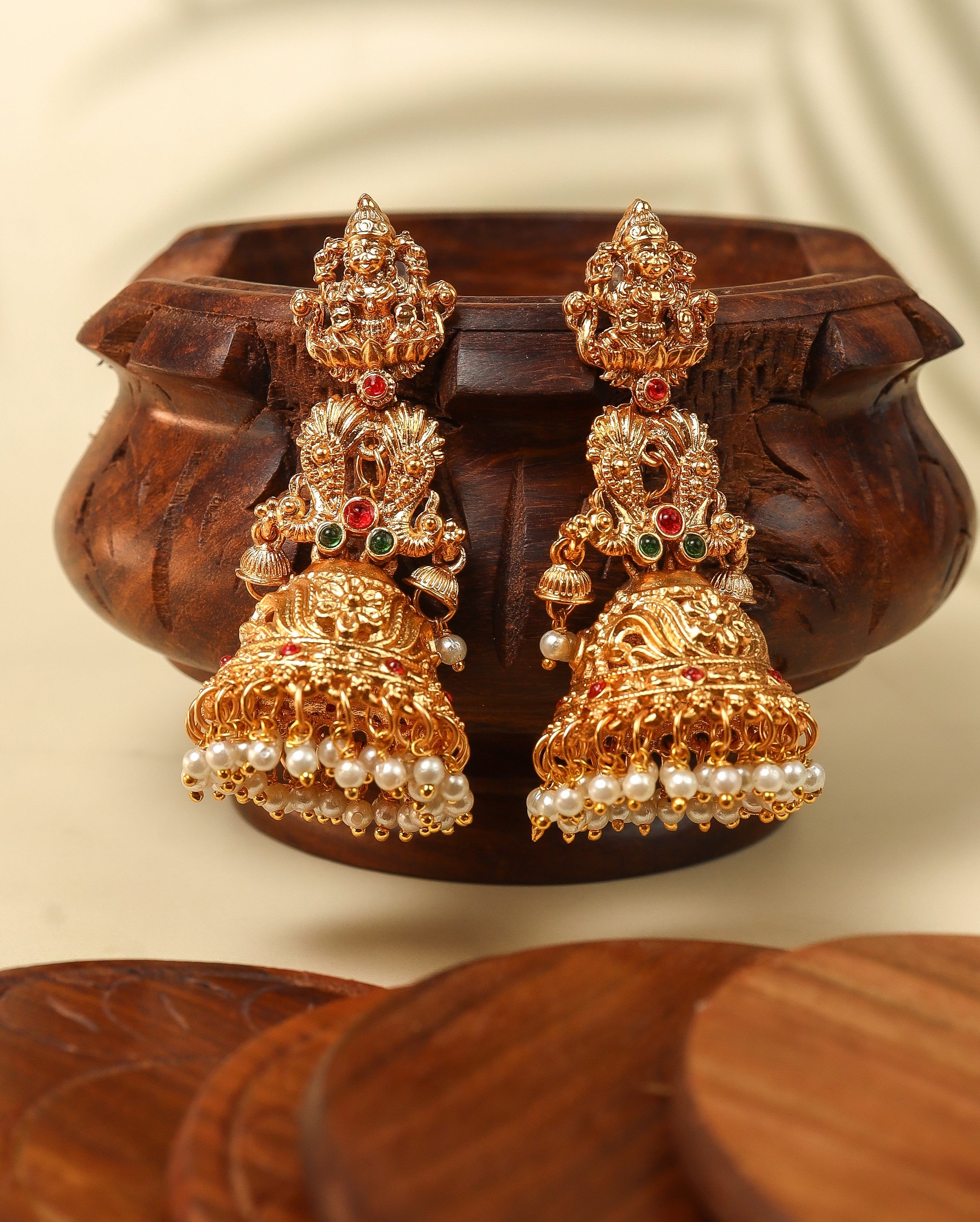 Antique Matte Gold Temple Lakshmi Jhumka with Ruby, Emerald & Pearl Drops